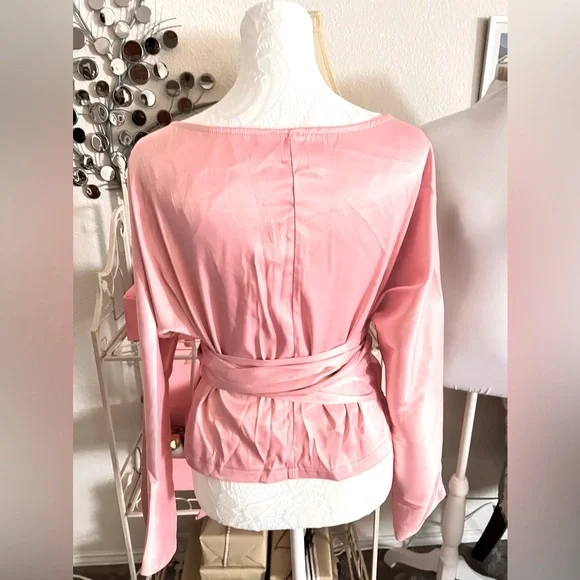 Blush Pink Satin Wrap Blouse with Bow & Brooch – Elegant Off-Shoulder Top - Picture 9 of 11